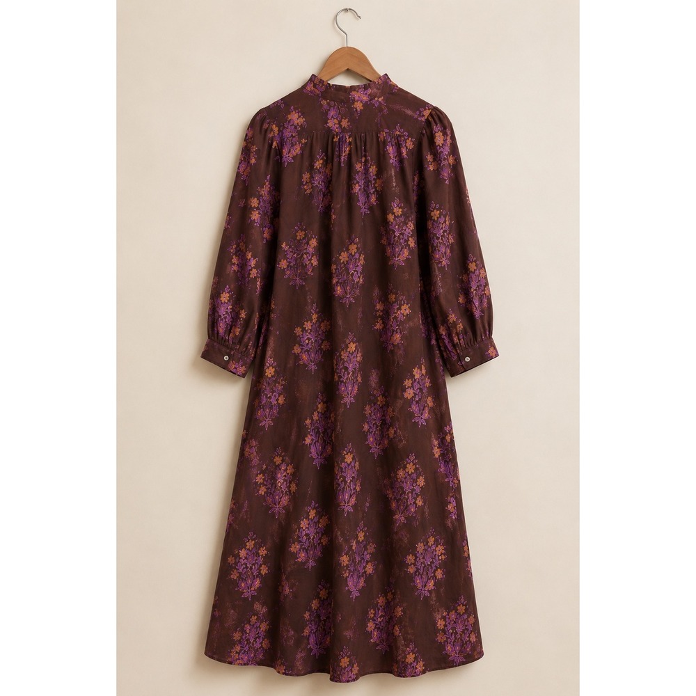 Entro Glinda Dress Brown Purple Floral Block Print Midi Ruffle Henley Large NEW - Picture 3 of 15